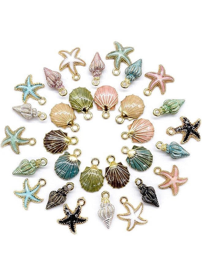 30 Pack Ocean Starfish Conch Seashell Metal Gold Plated Enamel Charms Pendants for DIY Jewelry Making - Image 1